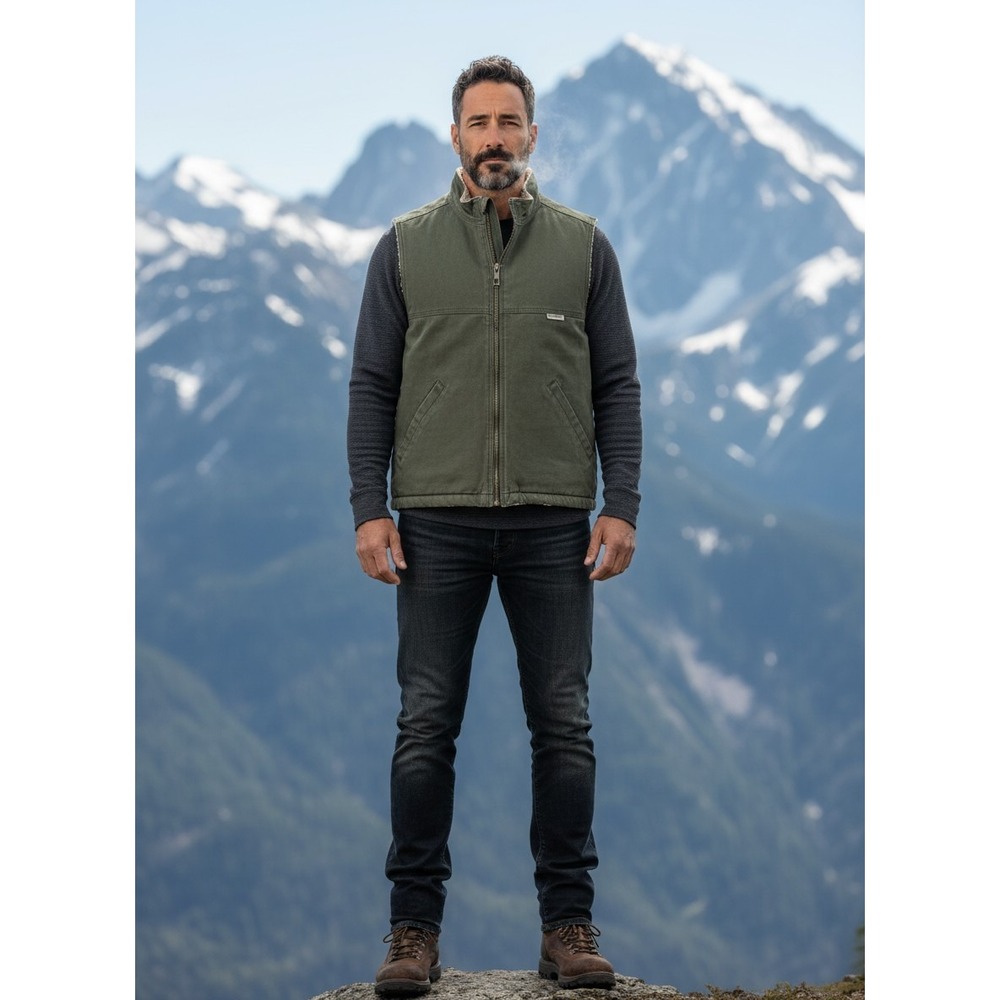 Wolverine Mens Sherpa Lined Canvas Work Vest Olive Green Brown Size M Medium